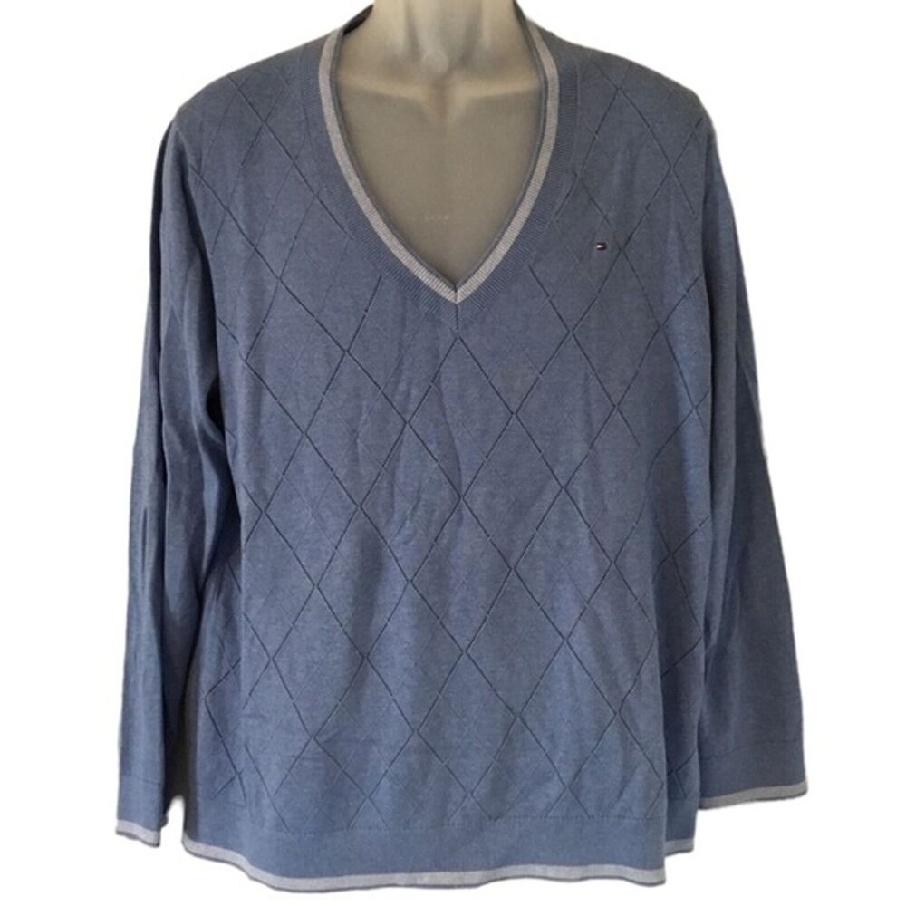 Tommy Hilfiger Mens Long Sleeve V-Neck Diamond Print Sweater Carolina Blue XXL